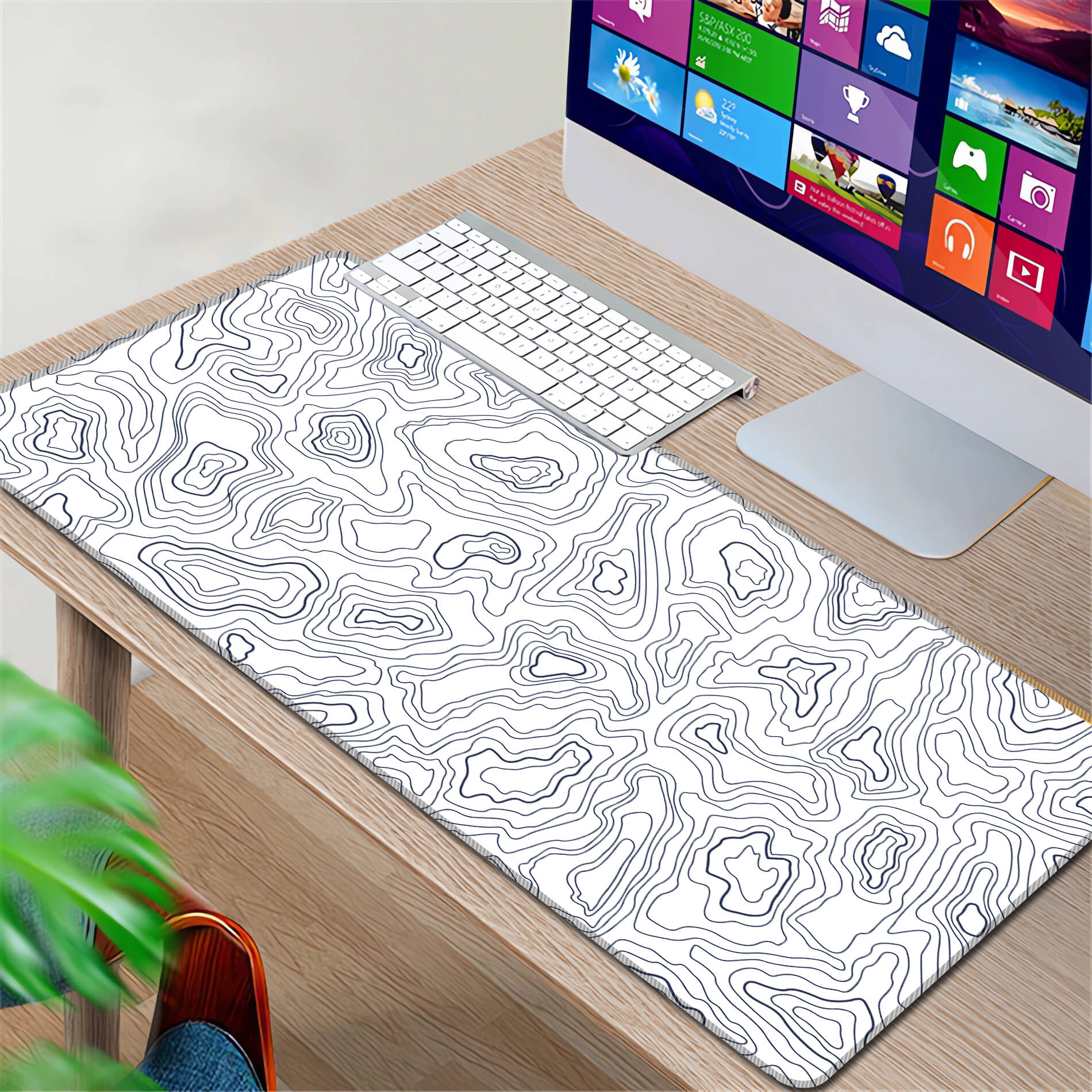 White Topographic Map Desk Mat